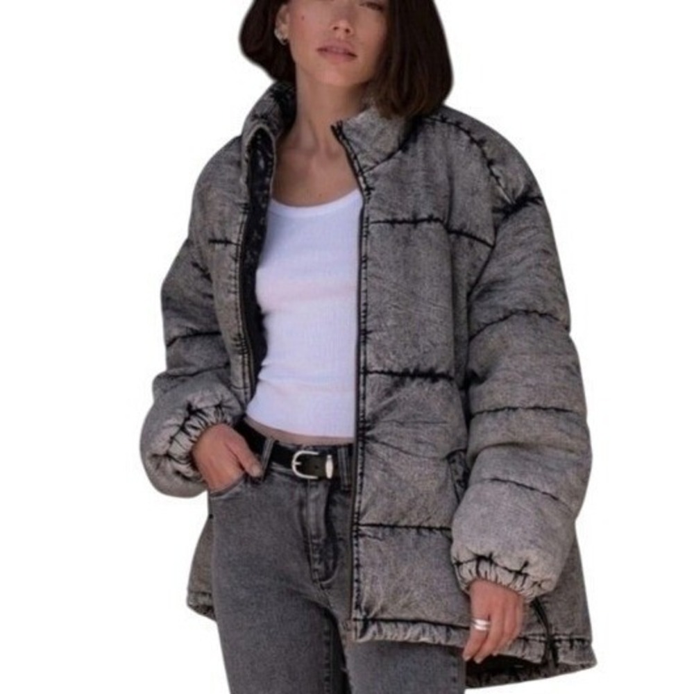 LNDN London Denim Coat Jacket Acid Wash Puffer Oversized Zip Front Gray XS